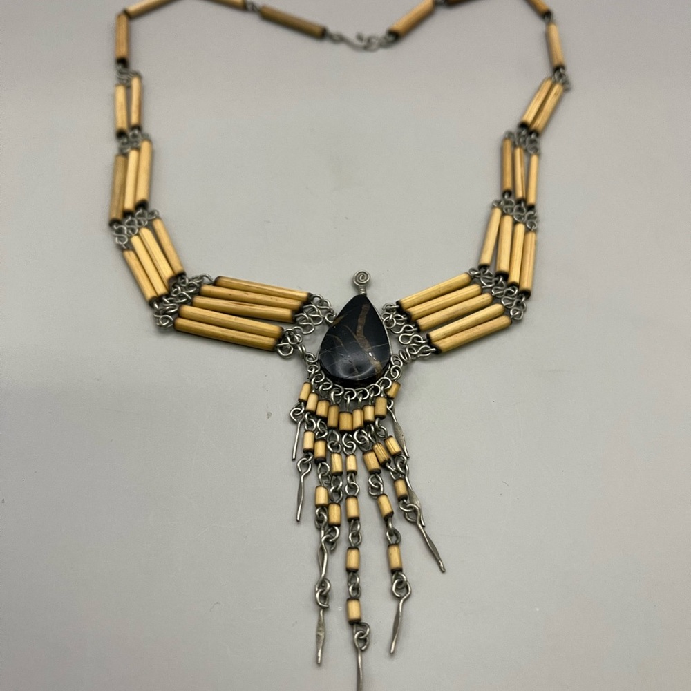 Wooden tones and Silver Necklace with Teardrop Gem and Tassel -bohemian style
